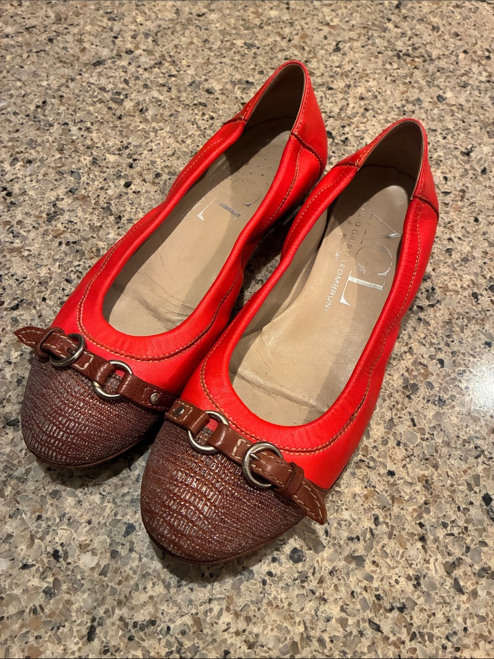 Size 37 AGL Orange and Brown Textured Toe Buckle Ballet Flats